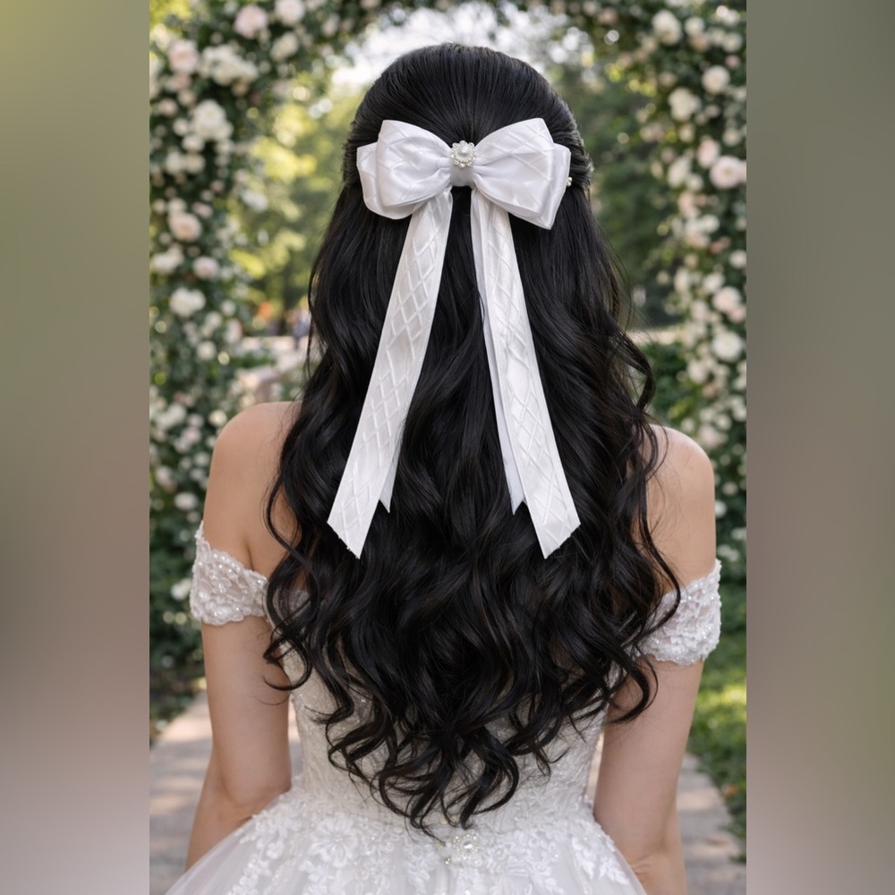 Elegant White Satin Bow Hair Bow with Pearl Accent - Picture 1 of 4